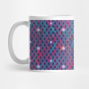 Icy Maple leaves and tiny trees on a faded denim blue and magenta leaf background Mug